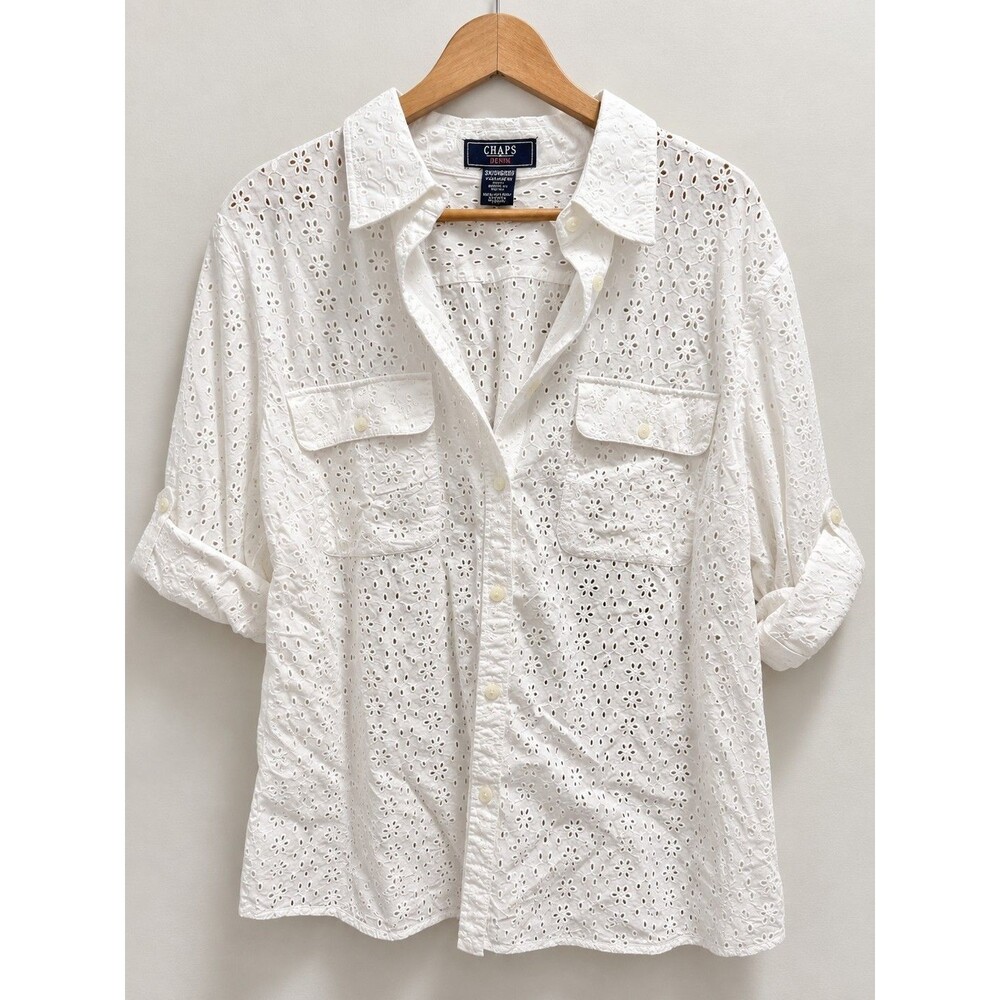 Chaps Denim Plus Size 3X White Eyelet Embroidered Button Up Shirt 100% Cotton